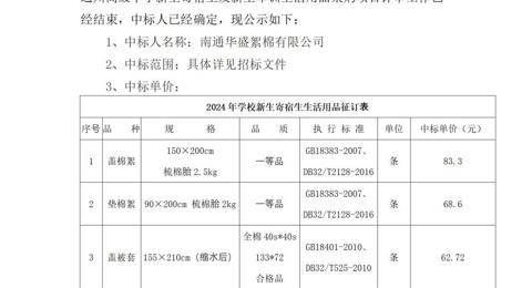 冠盈体育（中国）官方网站登录入口新生寄宿生及新生军训生活用品采购项目中标候选人公示